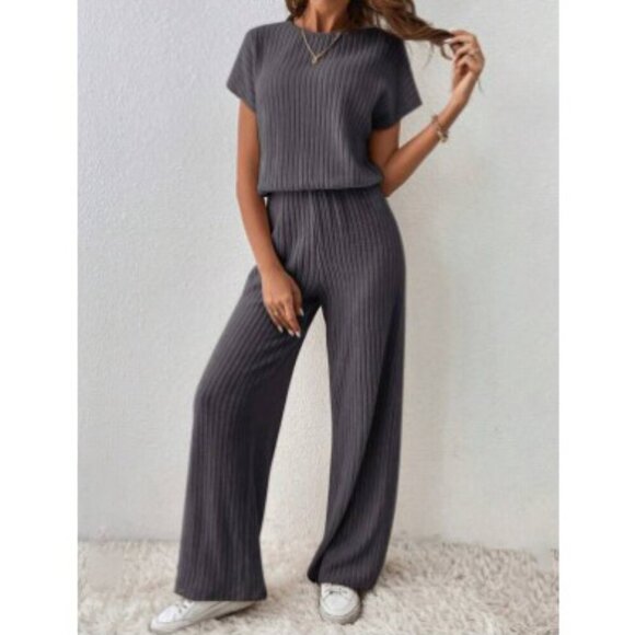 2 piece outfit tee shirt & wide leg pants lounge ribbed knit soft - Picture 5 of 8